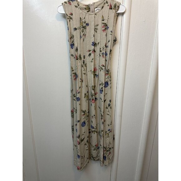 JBS Linen Rayon Dress Vintage Sz 8 Floral Sleeveless Beige Midi Paper Tag - Picture 1 of 5